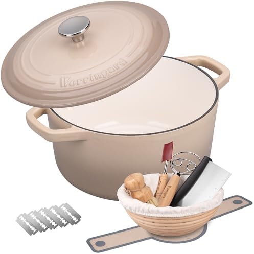 VORRINGARD Enameled Cast Iron Dutch Oven Pot with Lid, for Bread Baking, Round Bread Oven- include Sourdough Bread Baking Supplies Set, 4.5QT, Latte by Unknown