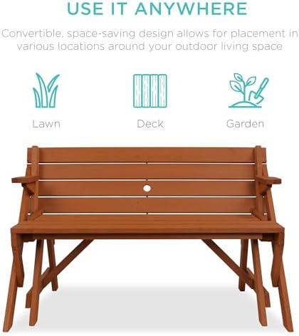 Best Choice Products 2-in-1 Transforming Interchangeable Outdoor Wooden Picnic Table Garden Bench for Backyard, Porch, Patio, Deck w/Umbrella Hole - Acorn - Image 4