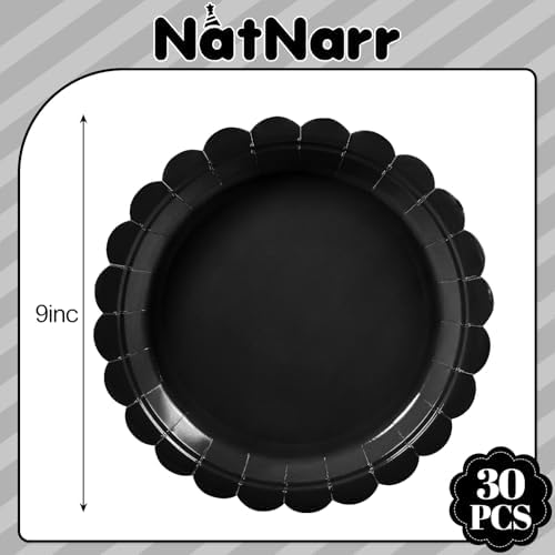 NatNarr 30 Pcs Black Paper Plates, 9 Inch Scalloped Disposable Black Graduation Plates Cute Dessert Dinner Plate for 2026 Grad Party, Wedding, Birthday, Picnic (Pack of 3) - Image 2