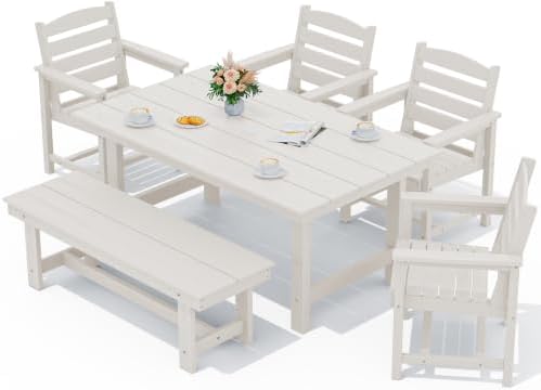 SERWALL Outdoor Dining Set, Patio Dining Set with Bench, White by SERWALL