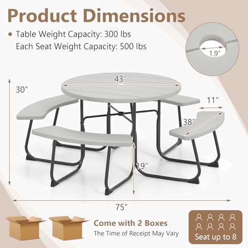 COSTWAY Round Outdoor Picnic Table with Bench Set for 4-8 People (Grey) - Image 3