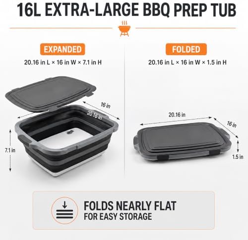 Collapsible BBQ Prep Tub with Lid & Integrated Cutting Board, 16L XL Meat Marinating Basin with Drain Plug, Foldable Grill Prep Station with Heat-Resistant Gloves, Brush & Spatula (X-Large, 16L) - Image 3