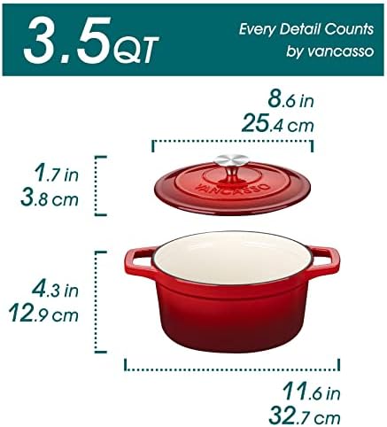 vancasso 3.5 Qt Enameled Cast Iron Dutch Oven with Lid & Handles, Red - Image 2