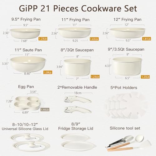 GiPP 21PCS Pots and Pans Set Nonstick Cookware Set with Detachable Handle - Image 2