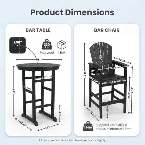 3-Piece HDPE Bar Height Table and Chairs Set, 31.1" Square High Top Pub Table with Umbrella Hole, 2 Adirondack Charis with Cup Holders, Outdoor Patio Dining Set for Bistro Backyard Deck Black - Image 2