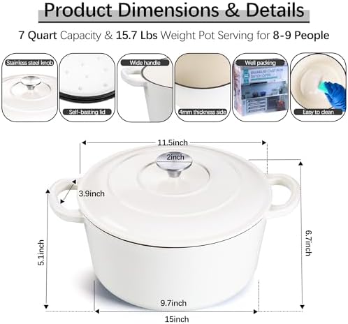 E-far 7QT Enameled Dutch Oven, Cast Iron Dutch Oven Pot with Lid for Cooking/Bread Baking/Braising/Roasting/Stewing, Heavy Duty Round Nonstick Cookware Safe for Induction & Oven - White - Image 2