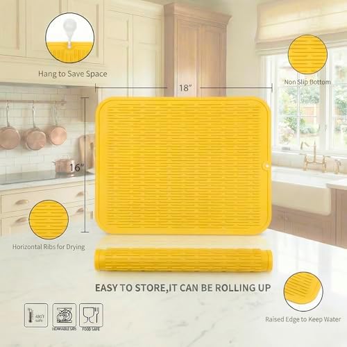 MicoYang Silicone Dish Drying Mat for Multiple Usage,Easy clean,Eco-friendly,Heat-resistant Silicone Mat for Kitchen Counter or Sink,Refrigerator or Drawer Liner Yellow XL 18 inches x 16 inches - Image 2