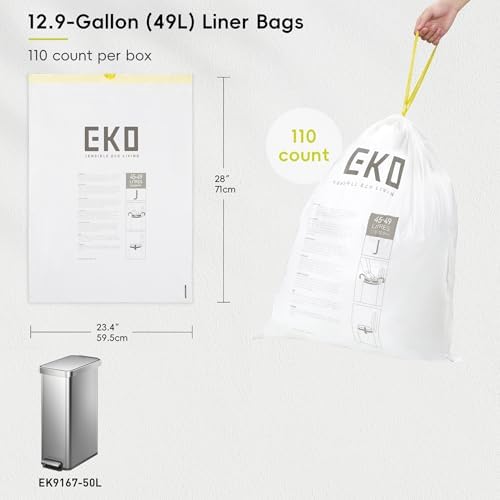 EKO 12.9 Gallon / 45-49 Liter, 110 Count Drawstring Trash Bags, Extra-Strong Unscented Garbage Bags, Easy-Dispense Roll for Kitchen & Household Use, Resists Tears, Leaks and Punctures, Code J, White - Image 7