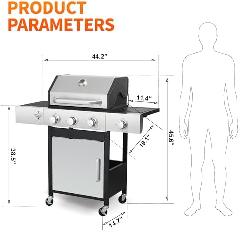 3-Burner Propane Gas Grill 39,000 BTU with Side Burner, Stainless Steel Double-Layer Lid & Porcelain-Coated Cast Iron Grates, Fast Even Heating for Backyard BBQ Camping Tailgating - Image 4