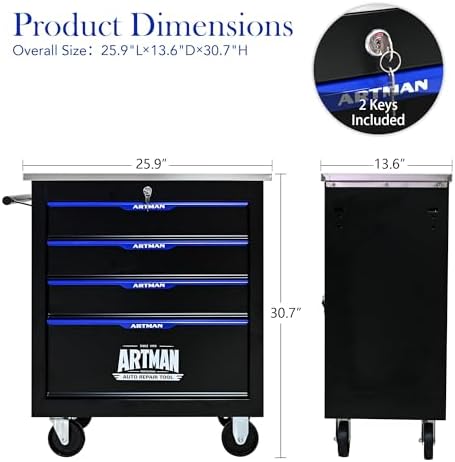 4-Drawer Heavy-Duty Rolling Steel Tool Cart with Handle&Wheels, Metal Storage Organizer Cabinet, Tool Chest for Efficient Tool Storage in Garage, Warehouse, Workshop, Repair Shop, Blue - Image 3
