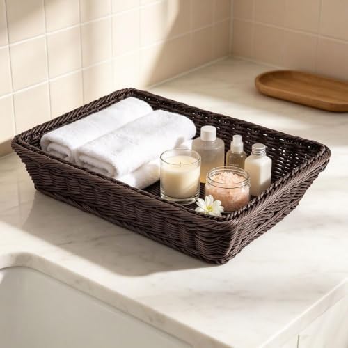 RT&BS Large Wicker Bread Basket for Serving, Wicker Fruit Basket, Display Baskets for Vegetable Fruit, Reusable Handwoven Serving Baskets for Kitchen, Store, Restaurant, Outdoor (Coffee, L) - Image 6