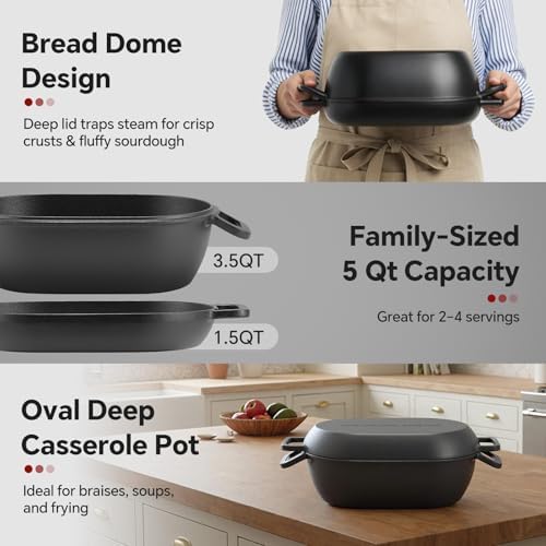 Northriver Casting 12"x8" Oval Cast Iron Dutch Oven for Bread Baking，Pre-Seasoned Combo Cooker with Lid, Perfect for Sourdough, Artisan Loaves & Family Meals,5 Qt - Image 3