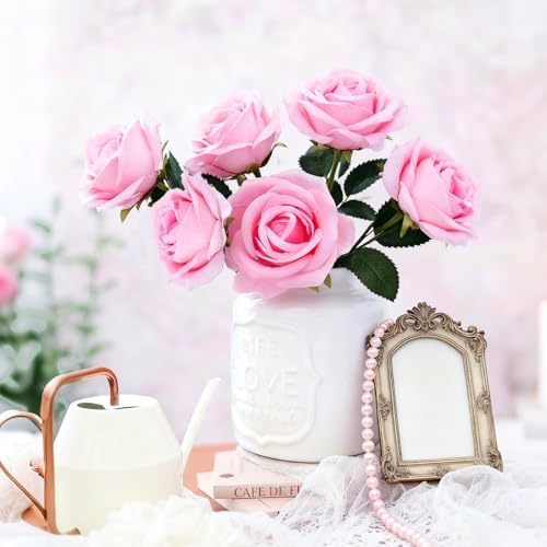50Pcs Pink Roses Artificial Flowers with Stems，Fake Roses Bouquet Fake Flowers Bulk，Silk Velvet Roses for Wedding Centerpieces Arrangement Baby Shower Birthday Home Decor Gifts - Image 5