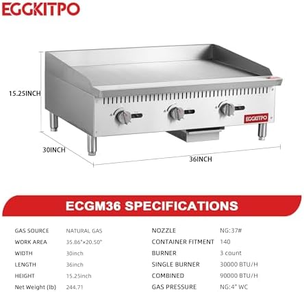 EGGKITPO 36 Inch CSA Certified Commercial Propane/Natural Gas Griddle Manual Controls 90,000 BTU Countertop Flat Top Grill Hot Plate with Independeent Knob 3 Burners Teppanyaki Grill for Restaurant - Image 5