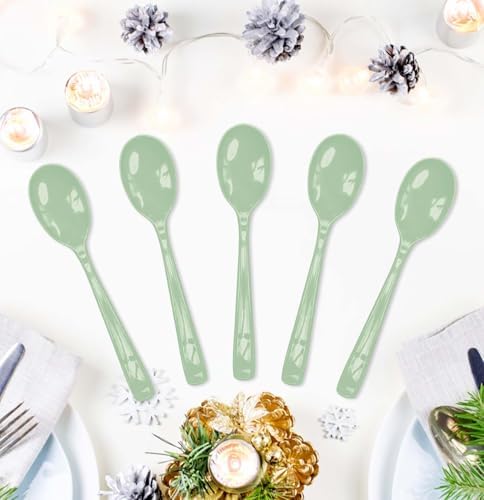 SietDESEO 25 PCS Sage Green Plastic Spoons Disposable Utensils Heavy Duty Sage Green Spoons Disposable Cutlery for Birthday Wedding Baby Shower Bridal Shower Plastic Silverware - Image 2