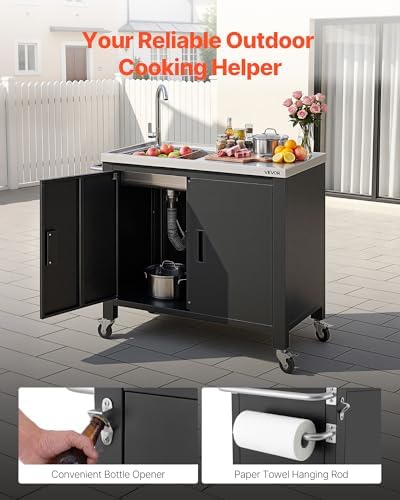 VEVOR Outdoor Grill Cart with Sink and Storage Cabinet, 38 Inch Grill Table, Waterproof Kitchen Island with Stainless Steel Top, Spice Rack, Wheel, Movable Food Prep Station for Patio Bar Backyard BBQ - Image 5