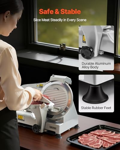 VEVOR Commercial Meat Slicer, 320W Electric Deli Slicer Machine with 10 inch SUS420 Blade, 0-0.4 inch Adjustable Thickness, for Frozen Meat, Ham, Baguett, Steak - Image 6
