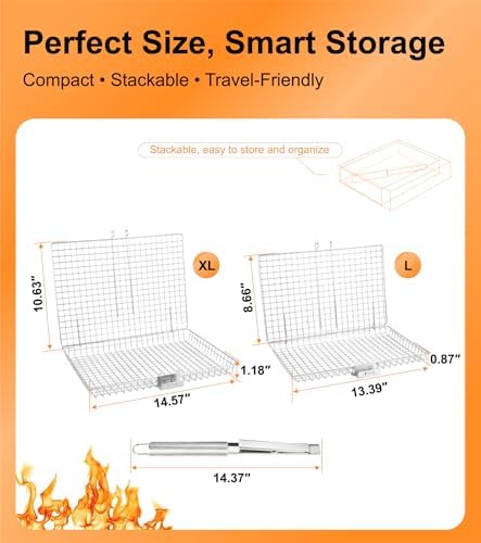 Grill Basket Set for Outdoor Grilling - Large Capacity Fish Grill Basket & Grilling Rack - Food Grade Stainless Steel Portable Flat Basket with Removable Handle for Vegetables, Shrimp & Camping (XL+L) - Image 6