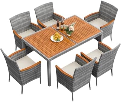 Flamaker Patio Dining Set for 6 Outdoor Acacia Wood Table and Chairs, Gray by Flamaker