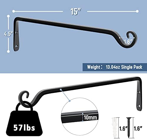 FEED GARDEN Heavy Duty Plant Hooks - 2 Pack 15 Inch Wall Mounted Hanging Brackets, 57lb Capacity Steel Plant Hangers for Bird Feeders, Baskets, Wind Chimes Outdoor Indoor- Black - Image 2