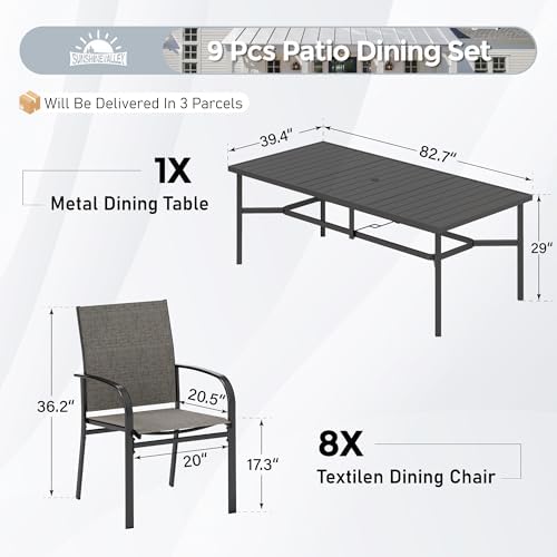 SUNSHINE VALLEY 9pc Patio Dining Set, 83" Metal Table & 8 Brown Chairs - Image 2