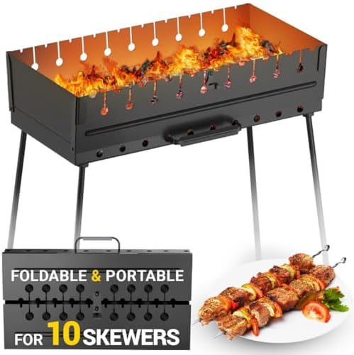 Charcoal Grill for 10 Skewers - Portable Barbecue Kabob Camp Grills - Foldable Metal Mangal - Kebab Shish BBQ for EDC Picnic Outdoor Cooking Camping Hiking (Skewers Not Included) by MyHomeHelper
