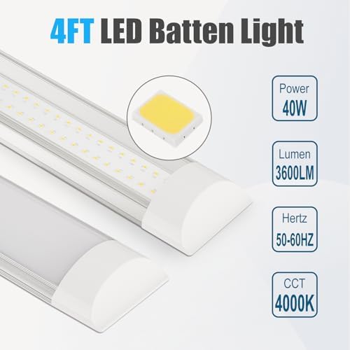 4 Packs 4FT LED Batten Light with 50cm Cable, Ultra-Thin Ceiling Surface Mounted Light, 40W, 4000K, IP20, LED Ceiling Lamp for Garage, Shop, Hallway, Office, Market, ver2 - Image 2