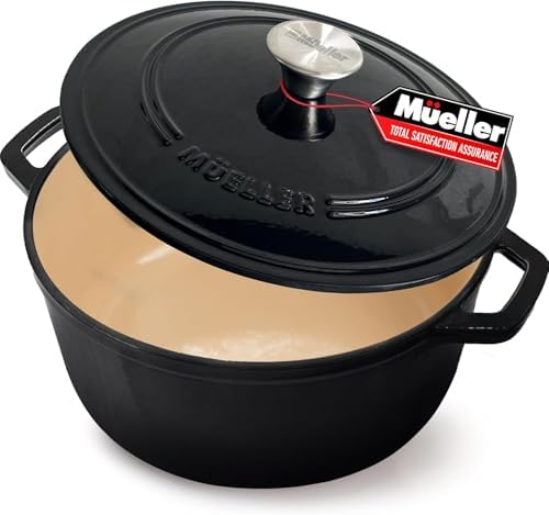 MUELLER HOME 4.5 QT Enameled Cast Iron Dutch Oven, Heavy-Duty Casserole Dish and Braiser Pan with Lid and Stainless Knob, Oven-Safe up to 500° F & Across All Cooktops, Black by MUELLERHOME
