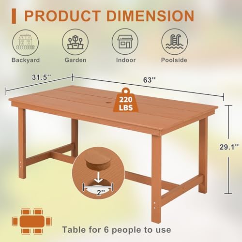 FUNBERRY Outdoor Dining Table, HDPE 6-Person Patio Table with Umbrella Hole - Image 5