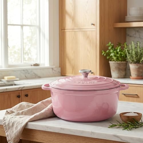 Zulay Kitchen 7.7 Quart Enameled Cast Iron Dutch Oven Pot with Lid – Premium Durability & Oven Safe up to 500°F – Heavy Duty Cookware Perfect for Bread Baking, Stews, Braising & Roasting – Pink - Image 2