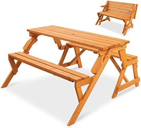 Best Choice Products 2-in-1 Transforming Interchangeable Outdoor Wooden Picnic Table Garden Bench for Backyard, Porch, Patio, Deck w/Umbrella Hole - Natural by BestChoiceProducts