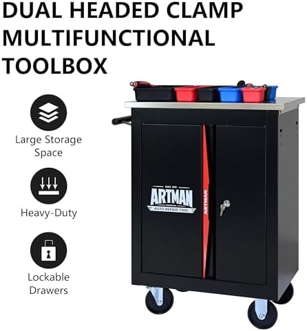 Double-Door Heavy-Duty Rolling Steel Tool Cart with Handle&Wheels, Metal Storage Organizer Cabinet, Tool Chest for Efficient Tool Storage in Garage, Warehouse, Workshop, Repair Shop, Black&RED - Image 5