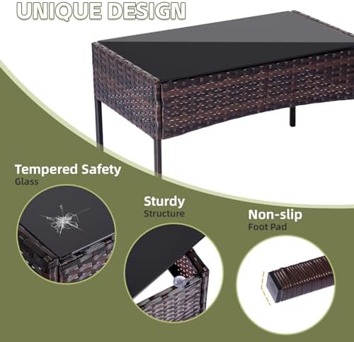 Patio Furniture Set 4 Pieces, Outdoor Rattan Furniture with Tempered Glass Coffee Table, Modern Rattan Patio Chairs Conversation Sets with Sofa for Garden, Terrace, Porch, Lawns Brown/Beige - Image 5