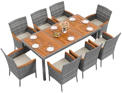 Flamaker Patio Dining Set for 8 Outdoor Acacia Wood Table and Chairs, Gray by Flamaker