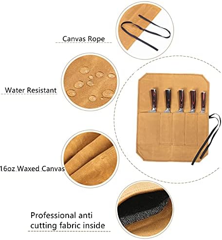 Denifiter Knife Roll, Knife Cases Organizer-Durable Waxed Canvas With Cut Resistant Lining -5 Pockets (Khaki) - Image 5