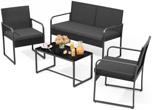 Gizoon Black Wicker Conversation Set with Glass Coffee Table - Image 2