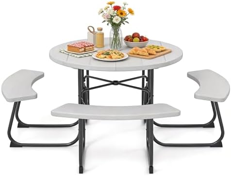 COSTWAY Round Outdoor Picnic Table with Bench Set for 4-8 People (Grey) by COSTWAY