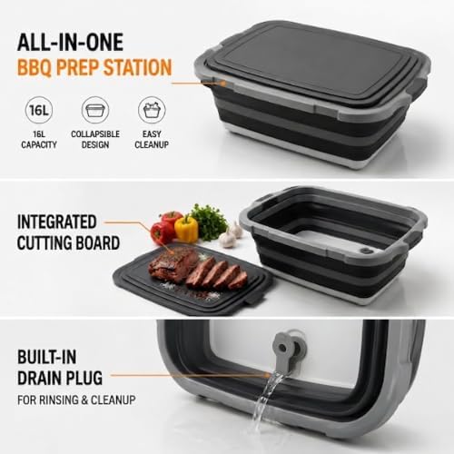 Collapsible BBQ Prep Tub with Lid & Integrated Cutting Board, 16L XL Meat Marinating Basin with Drain Plug, Foldable Grill Prep Station with Heat-Resistant Gloves, Brush & Spatula (X-Large, 16L) - Image 4