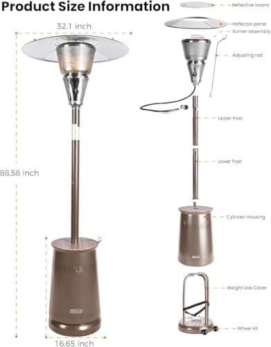 50,000 BTU Patio Heater for Outdoor Use With Adjustable Heat Focusing Top, Portable Propane Patio Heater with Wheels, Stainless Steel Burner for Porch, Deck, Garden, Commercial (Brown) - Image 2
