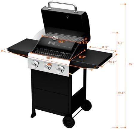 ROVSUN 3 Burner Propane Gas Grill with Foldable Side Shelves, 36000BTU BBQ Grills with Enameled Cast Iron Grates, Cabinet & Poratable Rolling Wheels for Outdoor Garden Patio Backyard Barbecue Cooking - Image 6