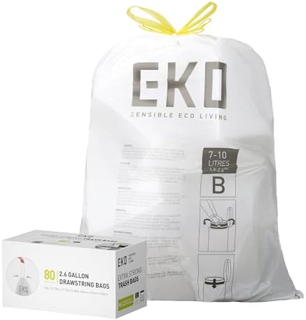 EKO 2.6 Gallon / 7-10 Liter, 80 Count Small Drawstring Trash Bags, Extra-Strong Unscented Garbage Bags, Easy-Dispense Roll for Kitchen & Household Use, Resists Tears, Leaks and Punctures, Code B White by Unknown