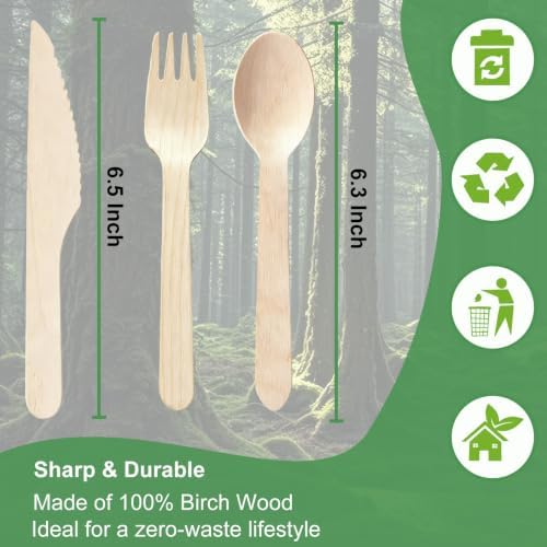 300 PCS Compostable Disposable Wooden Cutlery Set, Spoons Forks and Knives - Image 2