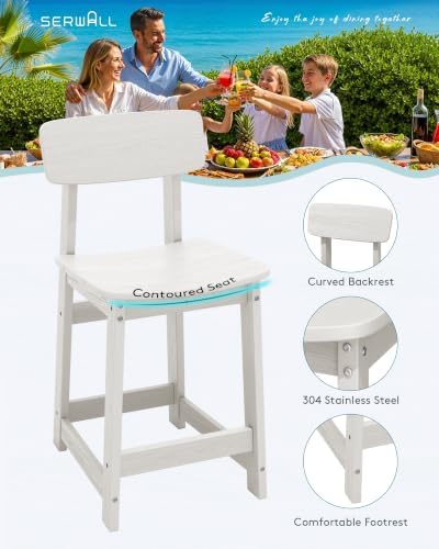 SERWALL 3-Piece Outdoor HDPE Counter-Height Bar Set with Rack, White - Image 3