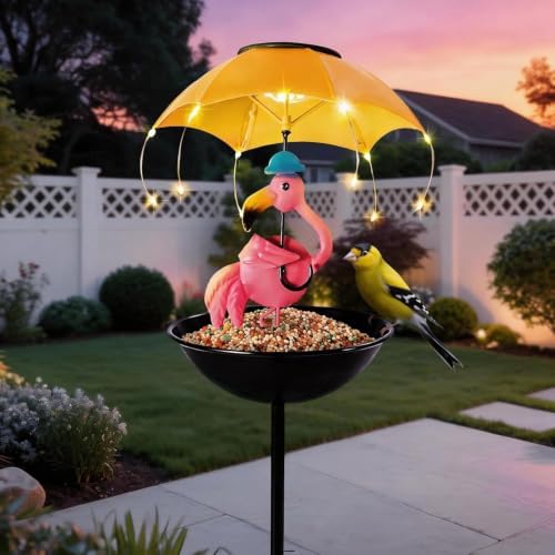 Solar Bird Feeders for Outdoors, Flamingo Garden Decor with LED Light by VBIOA