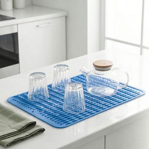 MicoYang Silicone Dish Drying Mat — Quick-Dry Ridges Counter & Sink Pad, Heat-Resistant Trivet to 450°F, Non-Slip & Dishwasher Safe, Roll-Up Storage, 18 Colors & 9 Sizes (Lichen Blue, 16"×12") - Image 6