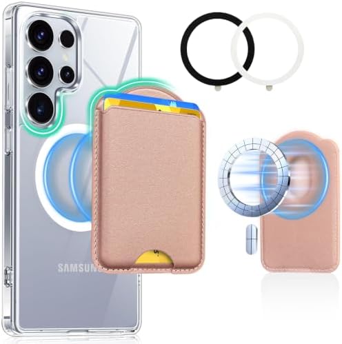 Magnetic Wallet for Samsung Galaxy S26 S25 S24 Series, Fold 8 Ultra with Magsafe Case, for iPhone 18-12 Series, RFID Blocking Leather Magnetic Card Holder | Holds 3 Cards | Rose Gold by Unknown