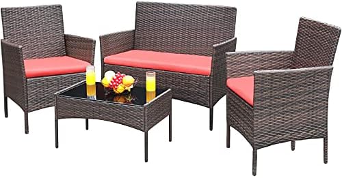 Greesum Patio Furniture 4 Pieces Conversation Sets,Brown and Red by BuynowfromGreesum