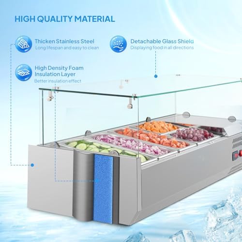 ROVSUN 48" Refrigerated Condiment Prep Station ETL NSF, 25.1QT Sandwich Prep Table Salad Bar Prep Rail w/Auto Defrost Temp Control Glass Shield 3 1/3 Pan & 2 1/4 Pan for Restaurant Food Truck - Image 3