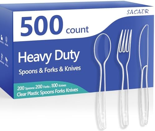 SACATR 500 Count Clear Plastic Silverware Heavy Duty -Forks, Spoons,Knives by SACATR