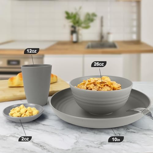 Wrova Wheat straw plates and bowls sets of 16 - Unbreakable wheat straw dinnerware sets for party - Alternative plastic dinnerware set for camping,party and R.V. Grey - Image 3